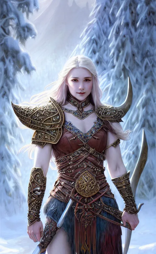 Image similar to opal viking warrior, regal, elegant, winter, snow, beautiful, stunning, hd, illustration, epic, d & d, fantasy, intricate, elegant, highly detailed, wide angle, digital painting, artstation, concept art, smooth, sharp focus, illustration, wallpaper, art by artgerm and greg rutkowski and alphonse mucha and jin xiaodi