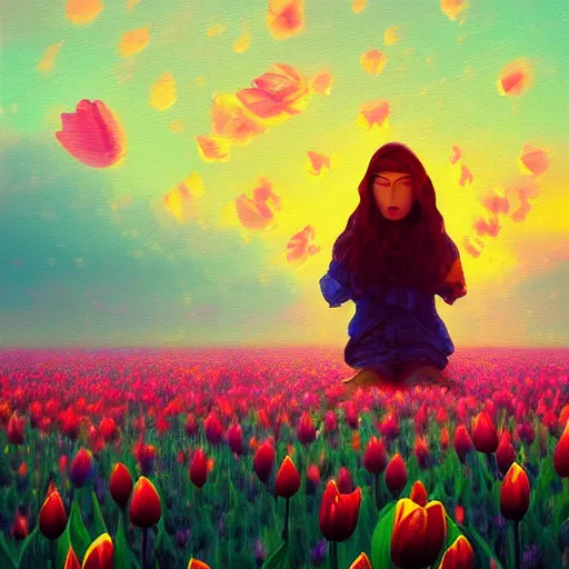 Image similar to tulip face, girl floating in a flower field, surreal photography, sunrise dramatic light, impressionist painting, colorful clouds, digital painting, artstation, simon stalenhag