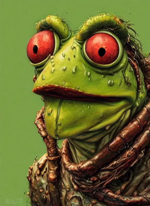 Image similar to portrait of Kermit the frog in Evil Dead (2013), highly detailed, centered, solid color background, digital painting, artstation, concept art, smooth, sharp focus, illustration, artgerm, donato giancola, Joseph Christian Leyendecker, Les Edwards, Ed Repka, WLOP, Artgerm