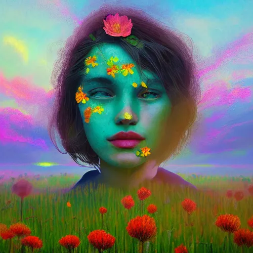 Image similar to girl with one blooming flower as a face, surreal photography, dream, standing in flower field, hills, big trees, sunrise dramatic light, impressionist painting, colorful clouds, digital painting, pointillism, artstation, simon stalenhag, flower face