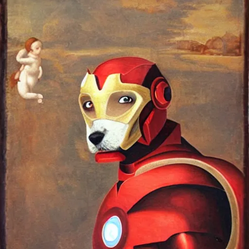 Image similar to renaissance painting of an anthropomorphic dog wearing an iron man suit