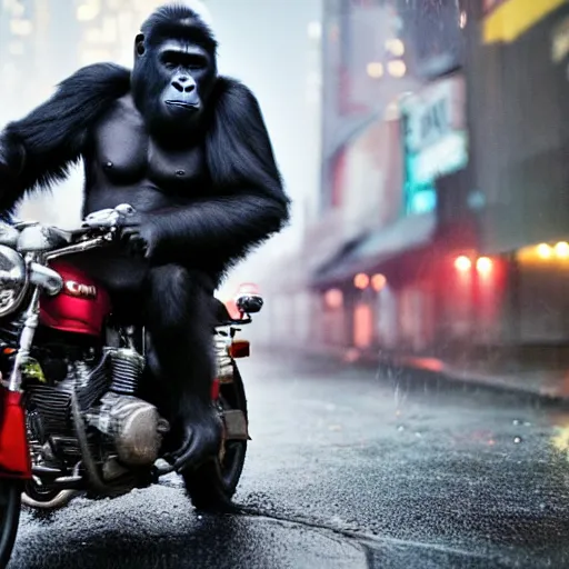 Image similar to a gorilla is riding a motor cycle in a cyberpunk city, shot from far away, during night, raining, many puddles on the street