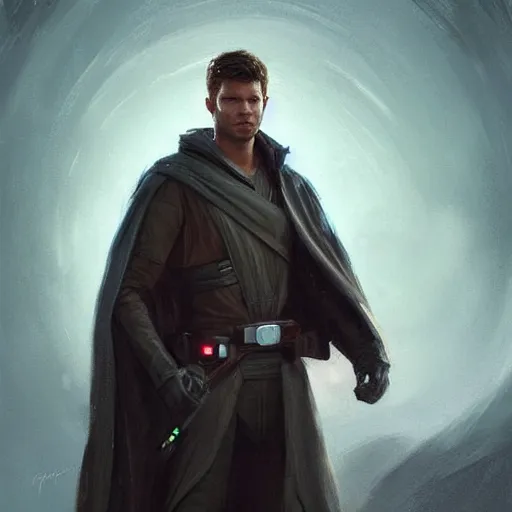 Image similar to portrait of a man by greg rutkowski, jedi knight, he looks like scott eastwood, wearing a flying jacket, star wars expanded universe, he is about 3 0 years old, highly detailed portrait, digital painting, artstation, concept art, smooth, sharp foccus ilustration, artstation hq