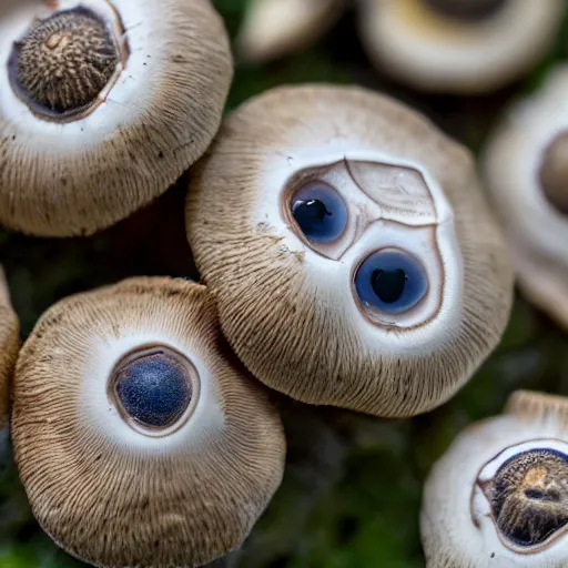 Prompt: clustered eyeballs protruding from a mushroom cap