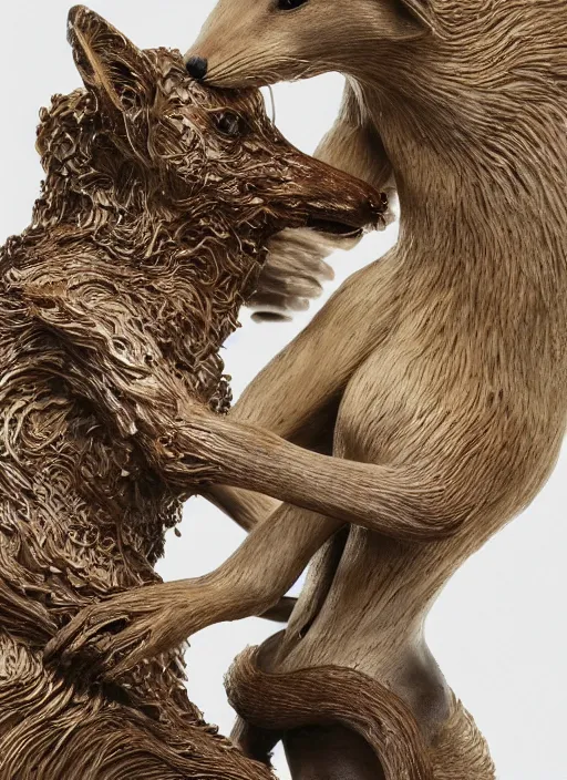 Image similar to sculpture of rat mating with a fox made of wood, portrait, female, future, wood, tree, harper's bazaar, vogue, magazine, insanely detailed and intricate, concept art, close up, ornate, luxury, elite, elegant, trending on artstation, by ruan jia, by Kenneth Willardt, by ross tran, by WLOP, by Andrei Riabovitchev,