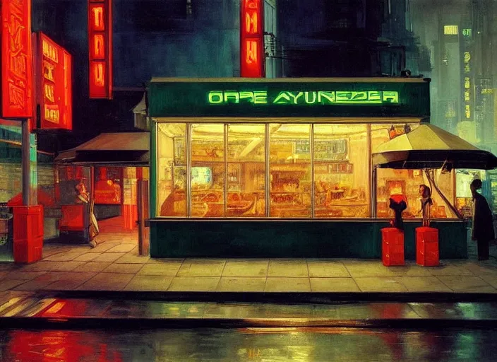 Image similar to the only open cyberpunk blade runner fast food stand in the cyberpunk city during a melancholy rainy night by edward hopper