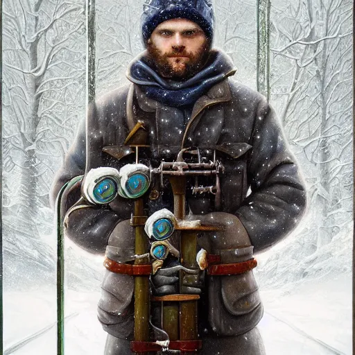 Prompt: beautiful snow - covered plumber posing in museum, half - length portrait, perfect symmetrical eyes, cinematic by peter mohrbacher, detailed, hyperrealism