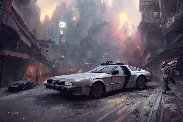 Image similar to photograph of the mandalorian entering a delorean driving down the streets of a cyberpunk abandoned city, wing doors are lifted, by greg rutkowski, by stanley artgerm, by alphonse mucha