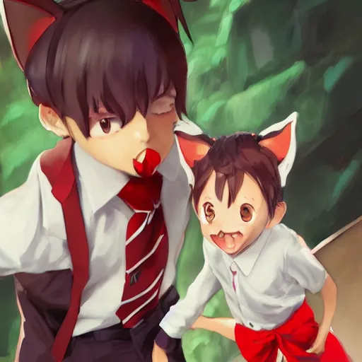 Prompt: anime woman with cat ears holding a package, a little boy wearing white shirt and red tie, digital artwork, in the style of krenz cushart y eddie mendoza and tyler edlin