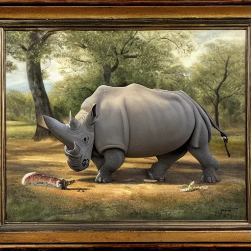 Prompt: a charles r. knight painting of a rhino / squirrel in its natural habitat