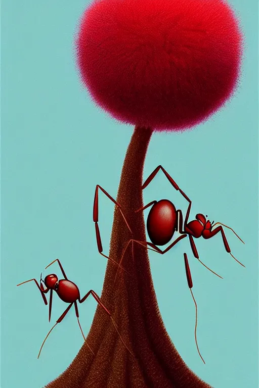 Prompt: an ant perspective view of a pompom tree, digital illustration by chris van allsburg and artgerm, surreal, photorealistic, award winning