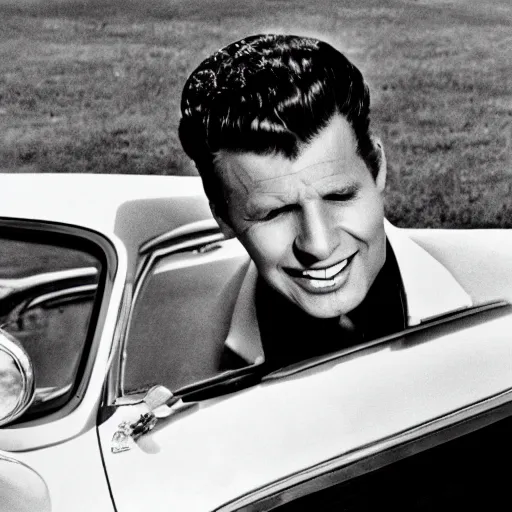 Image similar to Photograph of Bobby Rydell singing on the hood of a 1950s Cadillac