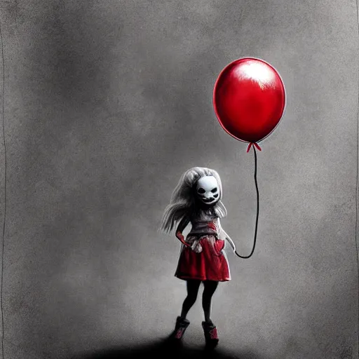 Prompt: surrealism grunge cartoon portrait sketch of little girl with a wide smile and a red balloon by - michael karcz, loony toons style, pennywise style, horror theme, detailed, elegant, intricate
