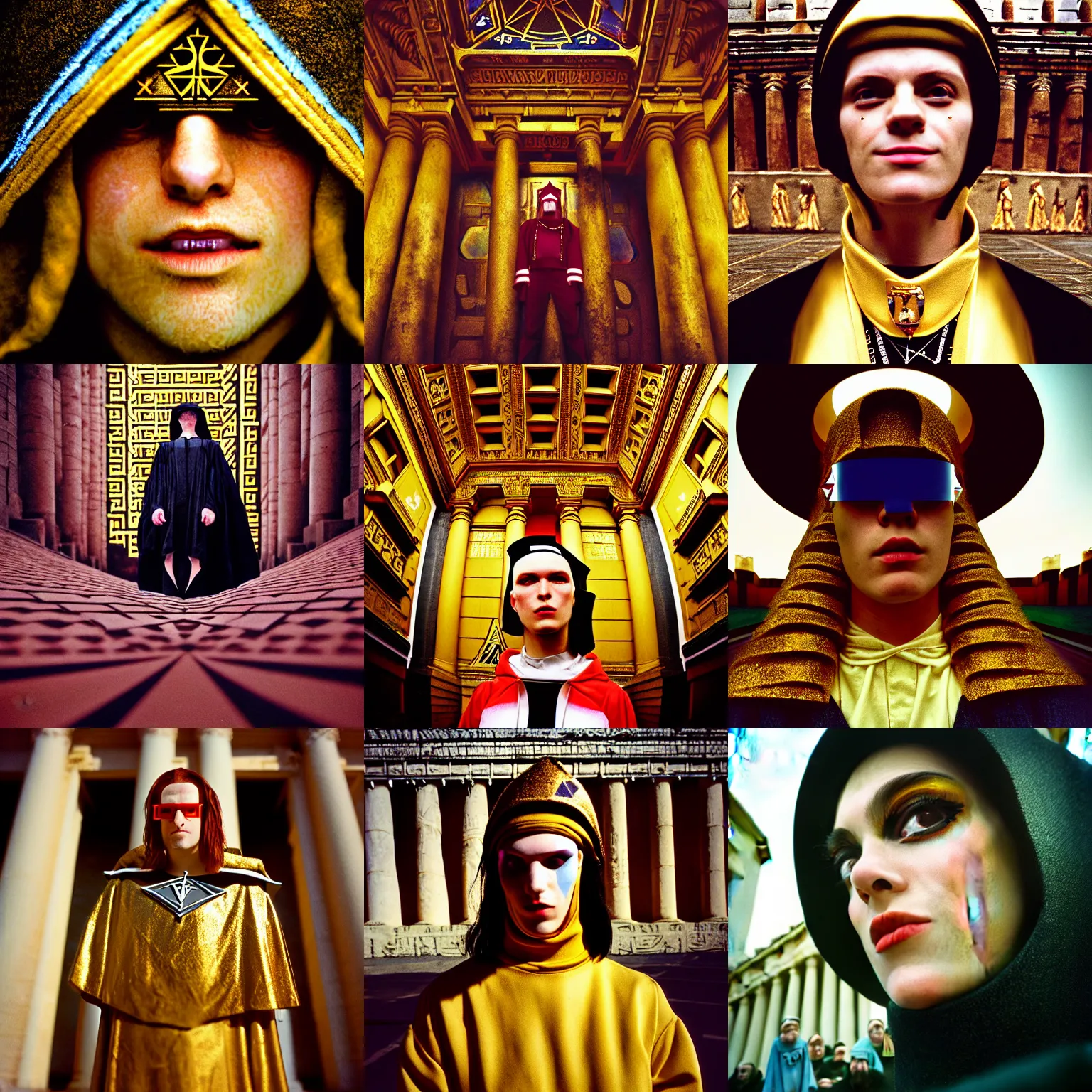 Prompt: kodak portra 4 0 0, 8 k, highly detailed, three point perspective ; beautiful extreme closeup street fashion portrait : masonic style templar wachowski film still inspired by biohack alchemy ( 1 9 2 0 ) temple ritual scene, h radiant master of ceremony regalia, designed babylonian temple background, highly detailed, golden ratio composition