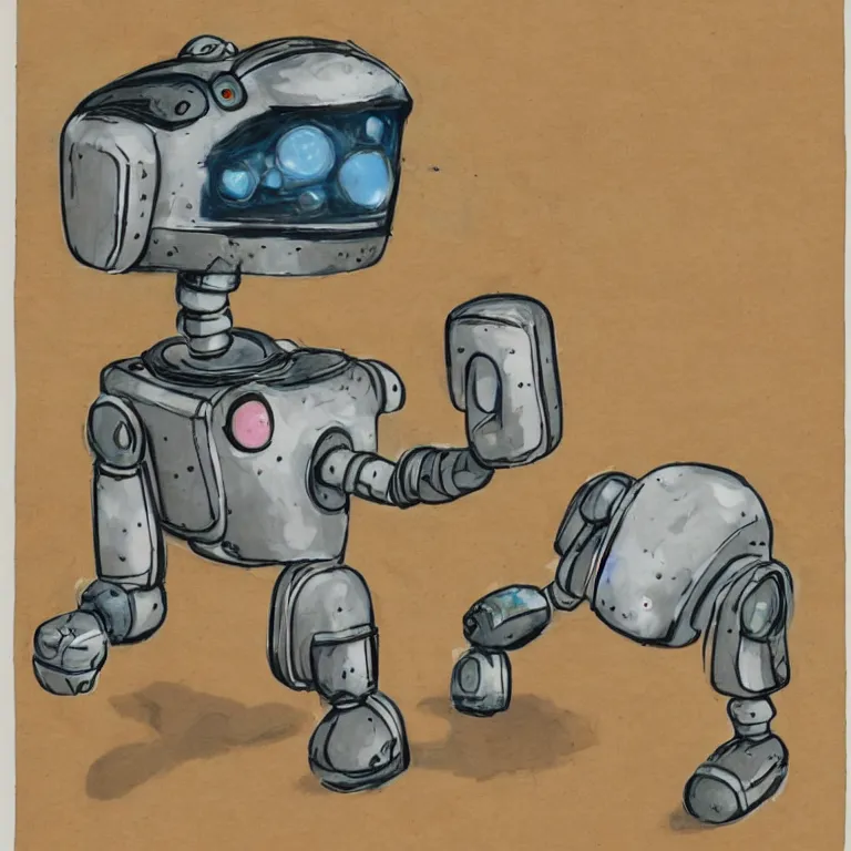 Image similar to a cute robo - puppy. alcohol ink on parchment, muted colors, detailed, textured parchment background, 1 9 5 0 s concept art, jetsons