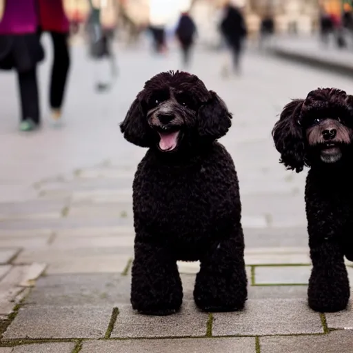 Image similar to black miniature poodle and brown yorskshire terrier best friends walking through london 35mm 4k IMAX sharp focus