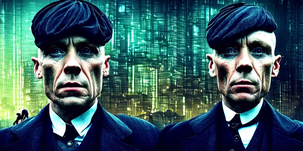 Prompt: Portrait Masterpiece Peaky Blinders, in Cyber Punk 2077, reimagined as a cyberpunk dystopia, 4k highly detailed digital art