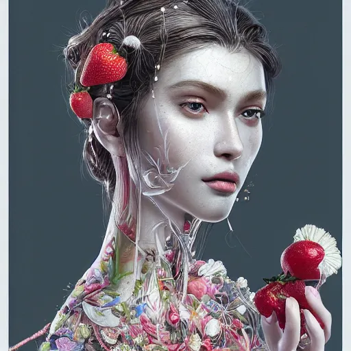 Image similar to the portrait of an absurdly beautiful, graceful, elegant, sophisticated, fashionable young woman made of strawberries and white petals with tears, an ultrafine hyperdetailed illustration by kim jung gi, irakli nadar, intricate linework, bright colors, octopath traveler, final fantasy, unreal engine 5 highly rendered, global illumination, radiant light, detailed and intricate environment