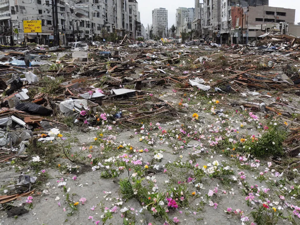 Image similar to flowers spring emerge from debris, city destruction