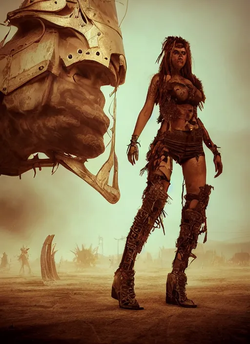 Image similar to hyper realistic photography portrait of postapocalyptic ciberpunk coachella burningman pagan medieval tribal festival warrior curvy partygirl valkyr face cinematic, vallejo, craig mullins greg rutkowski, artstation, cgsociety