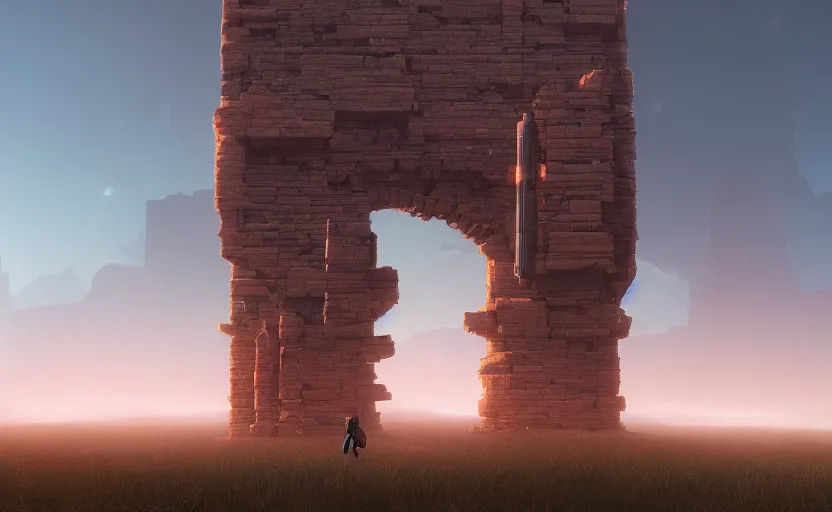 Prompt: A landscape with a giant stone brick tower with pillars on top at sunset, magical portal, cyberpunk, Low level, rendered by Beeple, Makoto Shinkai, syd meade, simon stålenhag, environment concept, synthwave style, digital art, unreal engine, WLOP, trending on artstation, 4K UHD image, octane render,