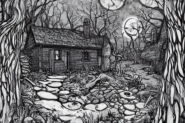 Prompt: an unsettling little cottage in a forest hollow at midnight lit by moonlight, h. p. lovecraft, trending on artstation