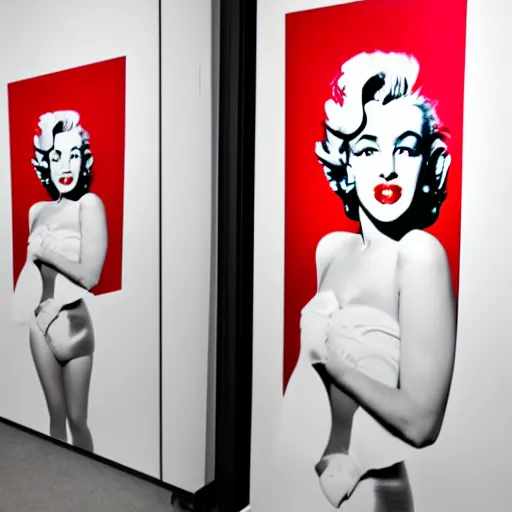 Image similar to Stunning modern studio portrait photograph of the original female model named Marilyn Monroe standing in a white room wearing a red dress, pretty face, pop art by Andy Warhol, XF IQ4, f/1.4, ISO 200, 1/160s, 8K, RAW, unedited, symmetrical balance, in-frame, sharpened