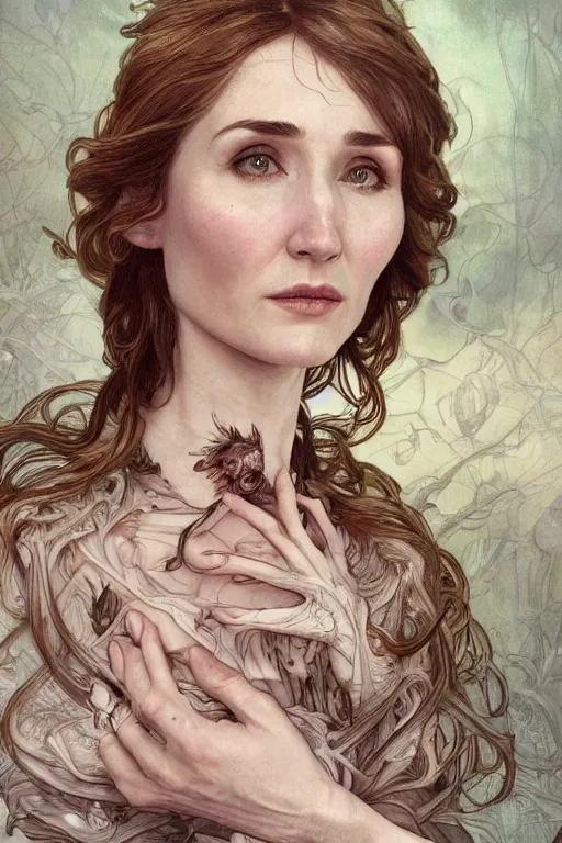 Image similar to carice van houten, anatomy, cute, fantasy, intricate, elegant, highly detailed, digital painting, 4 k, hdr, concept art, smooth, sharp focus, illustration, art by h r giger and alphonse mucha