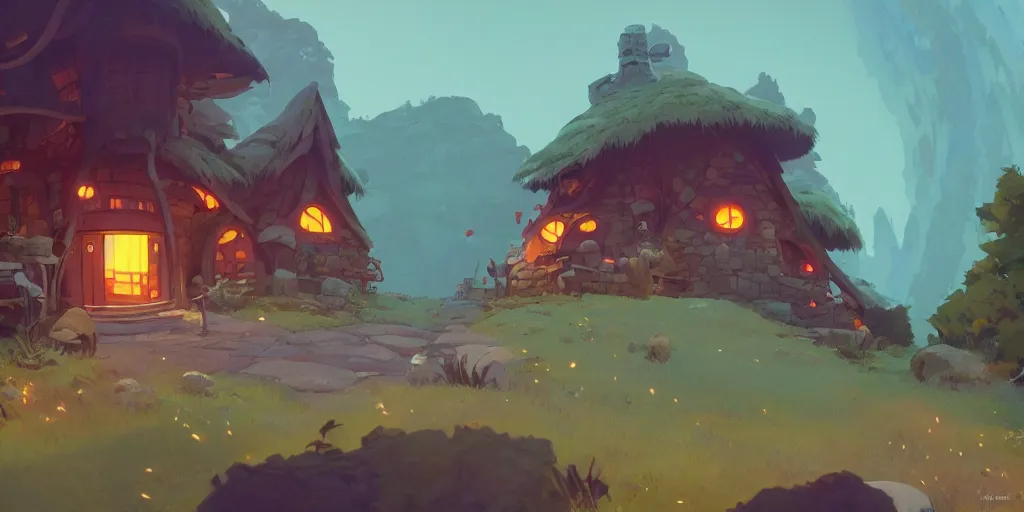 Prompt: magic hobbit mushrooms house in mountains, by cory loftis & akihiko yoshida & james gilleard & atey ghailan & makoto shinkai & goro fujita & studio ghibli, rim light, exquisite lighting, clear focus, magic atmosphere, very coherent, plain background, soft painting