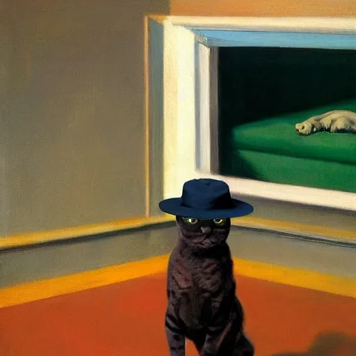 Image similar to a half robot cat wearing a hat, a highly detailed edward hopper painting, by adrian ghenie and gerhard richter. art by james gurney. masterpiece, flat surreal design with deep colours. 8 k. artstation