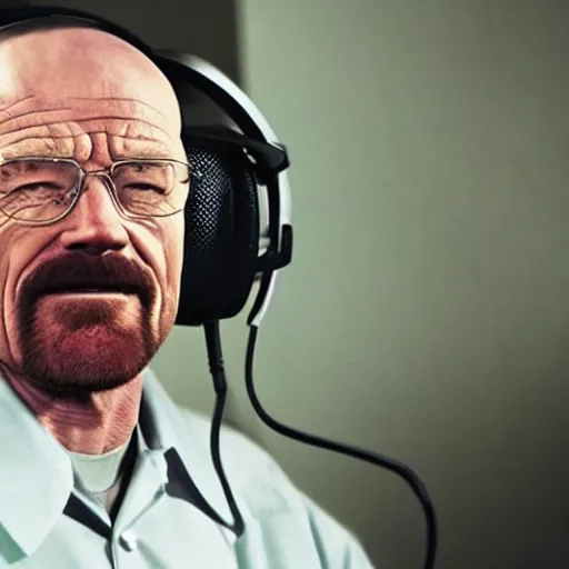 Image similar to close up, cropped award winning photo of walter white wearing pink headphones screaming and shouting, incredibly detailed, sharp focus, hyper realistic