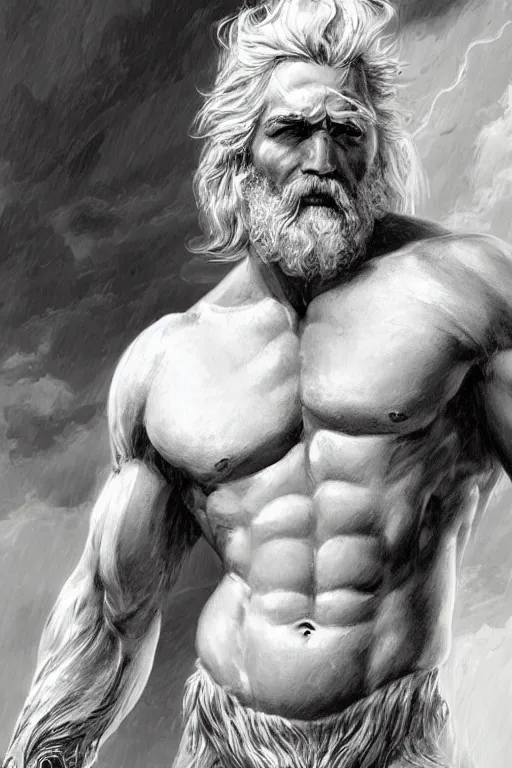 Image similar to painted portrait of rugged zeus, god of thunder, greek god, white hair, masculine, powerful, handsome, luxurious, upper body, white robe, muscular, hairy torso, fantasy, intricate, elegant, highly detailed, digital painting, artstation, concept art, smooth, sharp focus, illustration, art by gaston bussiere and artgerm