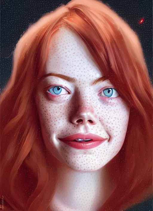 Image similar to portrait of teenage emma stone, freckles, long flowing ginger hair, white shirt and red tie, smiling kindly, friendly, 1 9 8 0 s, intricate, elegant, glowing lights, highly detailed, digital painting, artstation, concept art, smooth, sharp focus, illustration, art by wlop, mars ravelo and greg rutkowski