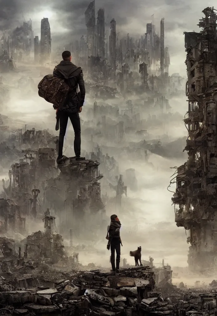 Image similar to A gray ferret standing on a rock, in the background is a destroyed dystopian city with mist, steampunk, digital art, very detailed, movie poster made by drew struzan, realistic