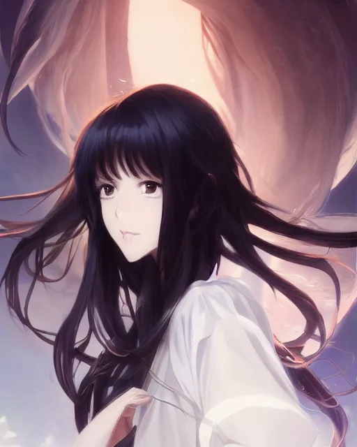 Image similar to An anime portrait of a beautiful girl with long black hair wearing a white blouse, by Stanley Artgerm Lau, WLOP, Rossdraws, James Jean, Andrei Riabovitchev, Marc Simonetti, and Sakimichan, tranding on artstation