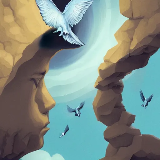 Prompt: a human ear shaped portal, doves flying into the portal, peaceful, digital illustration, trending on artstation