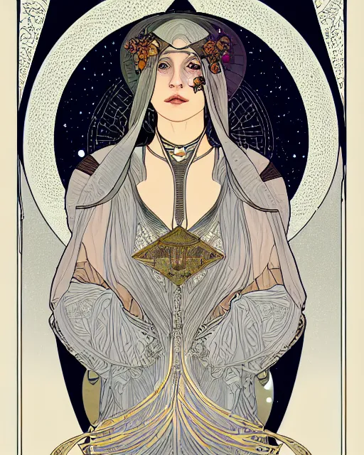 Prompt: a portrait of the solarpunk high priestess, draped in transparent cloth, silver armor, flat colors, tarot, minimal, swirly, bust by alphonse mucha, decorative art nouveau border, astrophotography, vast cosmos, detailed book illustration, trending on artstation