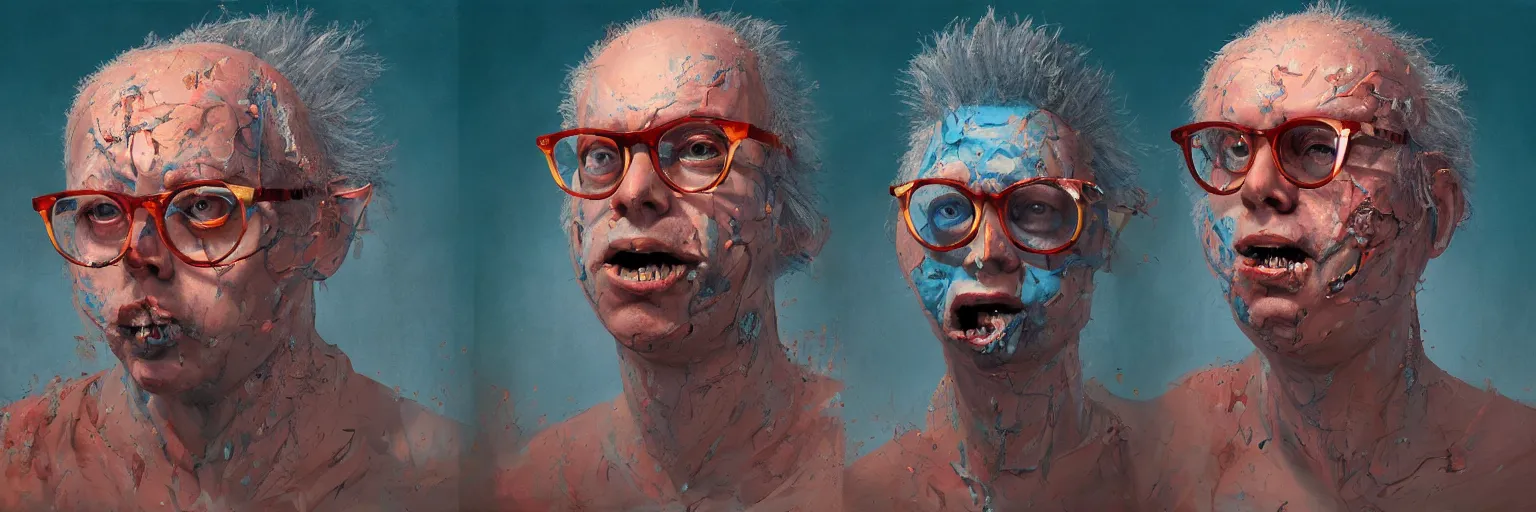 Prompt: colorful oil painting of character faces, realistic todd solondz turning into shiva, melting, glasses, disturbed, character sheet, fine details, concept design, contrast, kim jung gi, greg rutkowski and da vinci, 8 k, emotional, face turnaround 3 6 0, front view, back view, side view, ultra wide angle