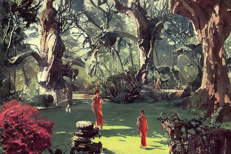 Prompt: 5 0 s pulp scifi illustration, elegant alien female strolls on beautiful lawn, distant baobab trees, mansion, by norman rockwell, jack kirby, john berkey, bergey, craig mullins, ruan jia, raymond swanland, jeremy mann, beksinski, tom lovell, alex malveda, schomburg