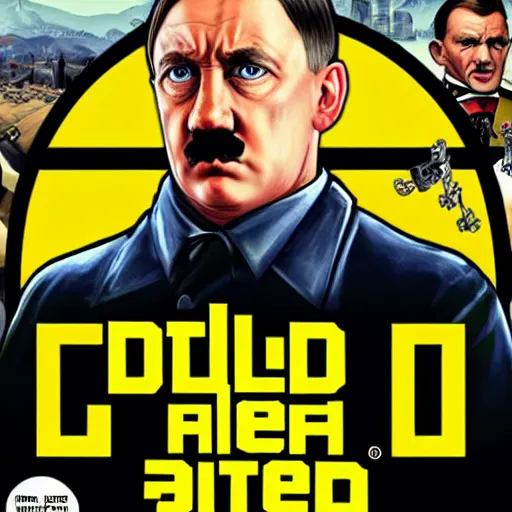 Image similar to adolf hitler on GTA V cover, rockstar games, no text,