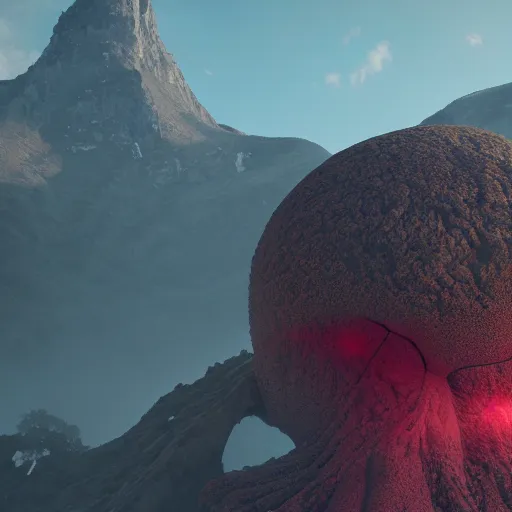 Image similar to a gigantic bio germs stands in front of a mountain. digital art, octane renderer. cgsociety, soft light