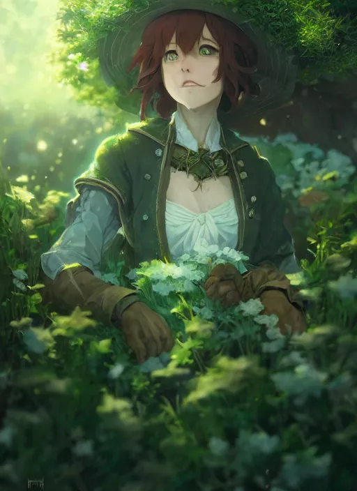 Image similar to a portrait of the emerald herald in the garden, intricate, tone mapped, ambient lighting, highly detailed, digital painting, concept art, sharp focus, by makoto shinkai and hidari and wlop