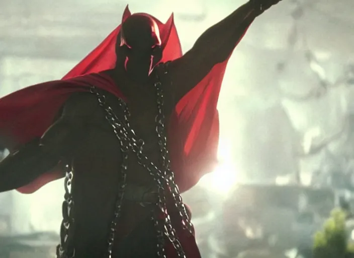 Image similar to film still of jamie foxx as spawn in the new spawn movie, giant chains, large cape, 8 k