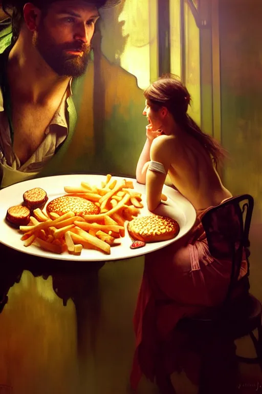 Prompt: hyperrealist portrait of a man being told by a female to eat from this massive plate filled with hamburgers and fries. by jeremy mann and alphonse mucha, fantasy art, photo realistic, dynamic lighting, artstation, poster, volumetric lighting, very detailed faces, 4 k, award winning