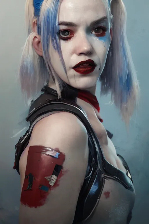 Image similar to a portrait of a sci-fi Harley Quinn by Greg Rutkowski, Sung Choi, Mitchell Mohrhauser, Maciej Kuciara, Johnson Ting, Maxim Verehin, Peter Konig, final fantasy , mythical, 8k photorealistic, cinematic lighting, HD, high details, atmospheric,