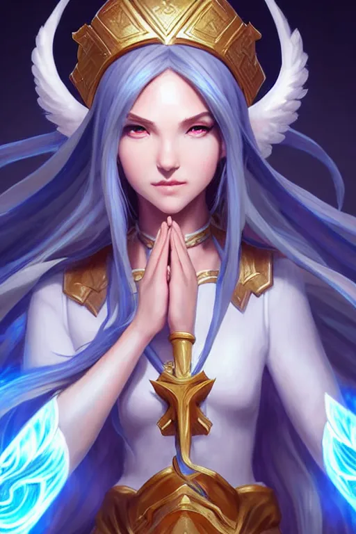 Prompt: a saint noble high priestess pray for god as a league of legends character, angelic light, fantasy priestess clothes, charming blue eyes, masterpiece, cg animation, riot enterainment, arcane, realistic, hyper detailed, hyper detailed face, character select portrait, 3 d, by artgerm, rossdraws, drew struzan, justin gerard