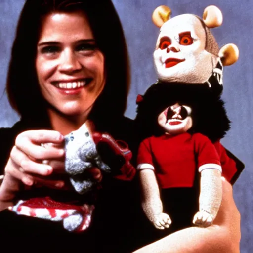 Image similar to Neve Campbell holding Chucky the killer doll