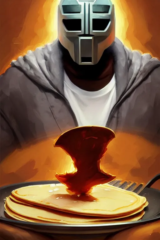 Image similar to mf doom as cooking pancakes animation pixar style,, fun, incredible detail, lighting poster by magali villeneuve, artgerm, jeremy lipkin and michael garmash, rob rey and kentaro miura style, trending on art station