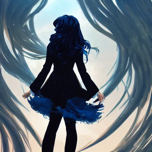 Image similar to low - angle shot from behind of a long blue - haired girl in a tailcoat overlooking demacia, noir, screenshot, sharp focus, intricate, illustration, cell shaded, digital painting, highly detailed, straight hair, art by ilya kuvshinov, wlop, greg rutkowski, studio quality, james jean