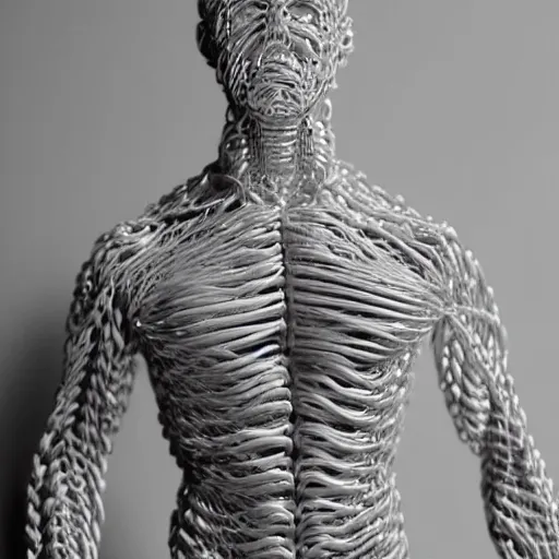 Image similar to a person made out of usb cables, body shot, realistic shot, intricate details, ultra - realistic, atmospheric shot.